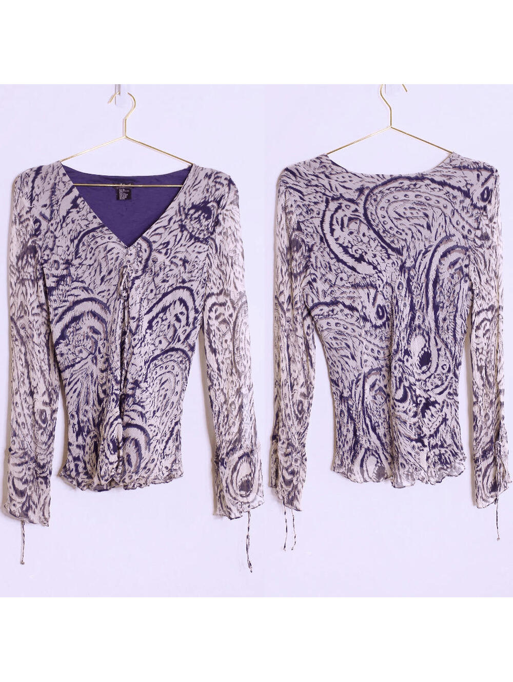 Willi Smith Tan Purple Abstract Silk V Neck Blouse - XL